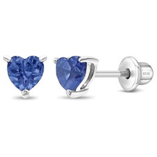 CZ Heart Solitaire Simulated Blue Topaz Earrings Screw Back - Sterling Silver