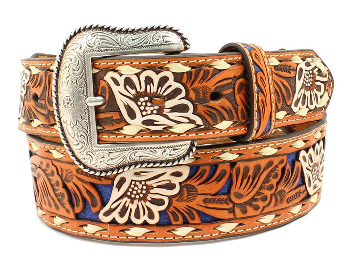Nocona Western Mens Belt Leather Embossed Tapered Floral