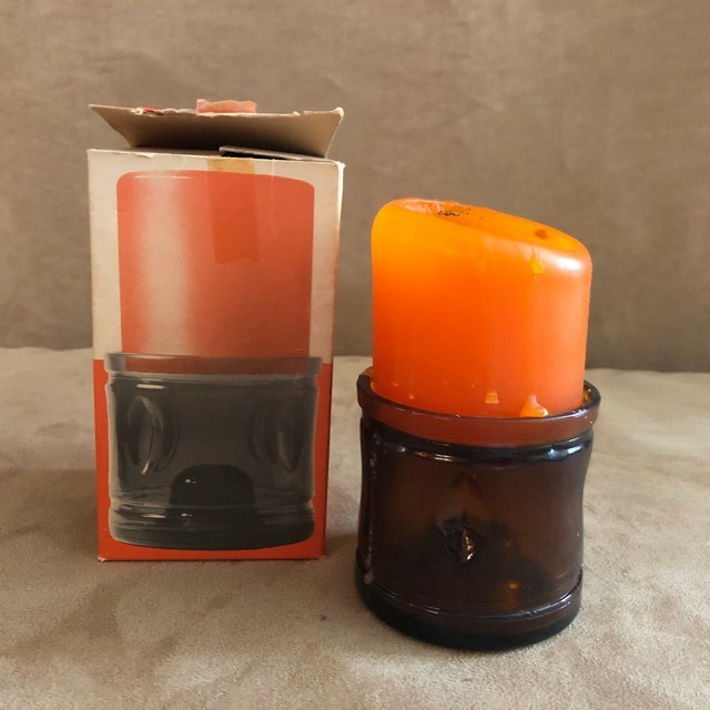 Danish Modern orange vintage candle holder beveled glass in box mid