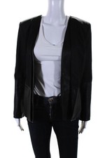 Parker Womens Leather Twill Open Front Blazer Jacket Black Size Small