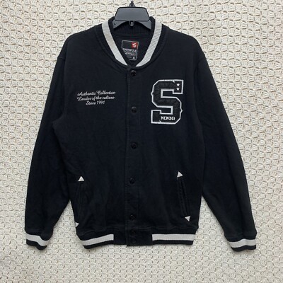 South Pole Mens XL Varsity Snap Jacket Black Gray Coat Retro Hip