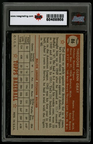 1952 TOPPS #86 TED GRAY KSA 8 NEAR PERFECTLY CENTERED HIGH QUALITY BASEBALL CARD - Picture 2 of 2