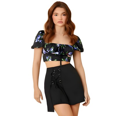 Top Corto Mujer Estampado Floral Manga Farol Multicolor Ajustado Bohemio