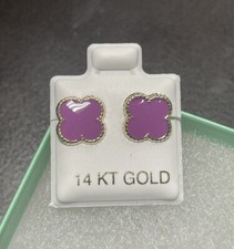 14K Yellow Gold Four Leaf Purple Flower Stud Earrings With Safety Backing