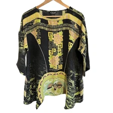 Citron 100% Silk Tunic Top M Floral Asymetrical Hem 3/4 Kimono Sleeve Popover