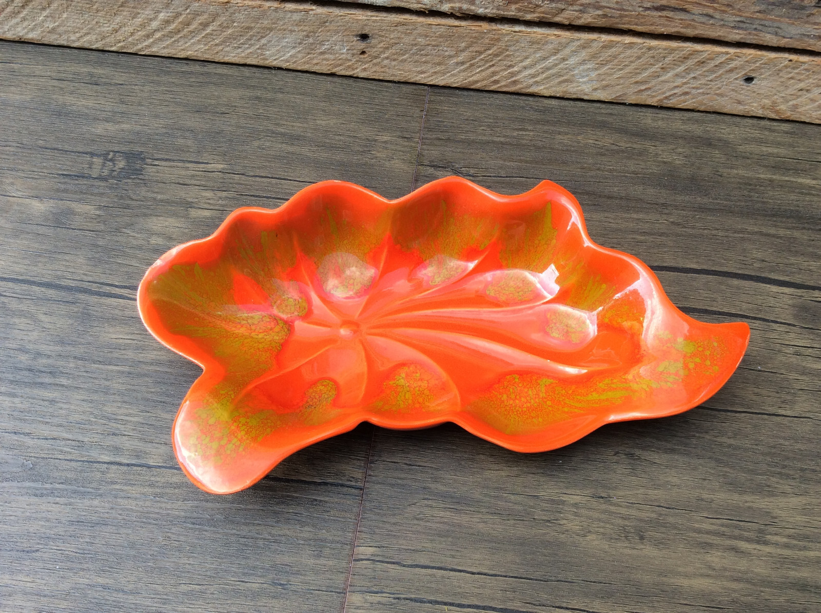Vintage Mid Century Orange Gold Glazed Ceramic Leaf Dish Pair