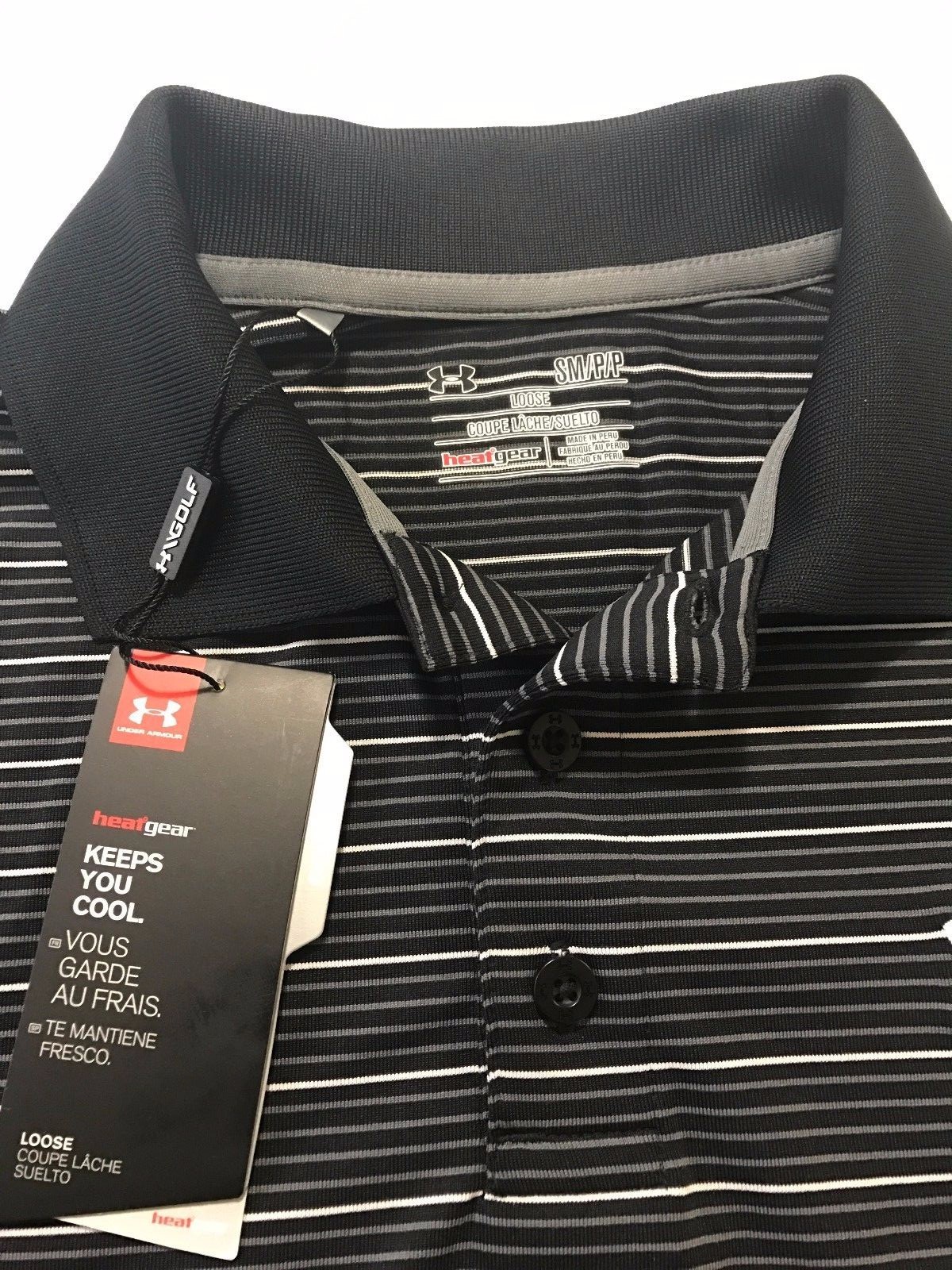 NEW UNDER ARMOUR MEN'S LOOSE HEAT GEAR GOLF SHIRTS STRIPED BLACK 001 S