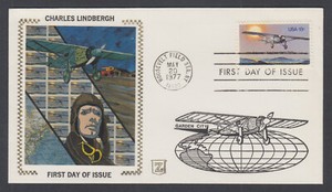US-Pl-1710-N6-FDC-1977-13c-Charles-Lindbergh-Z-Silk-FIRST-CACHET-by-John-Zazo