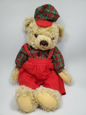 Vtg Hao-Yi Christmas Teddy Bear 20" Plush Red Green Overalls Hat World Bazaars