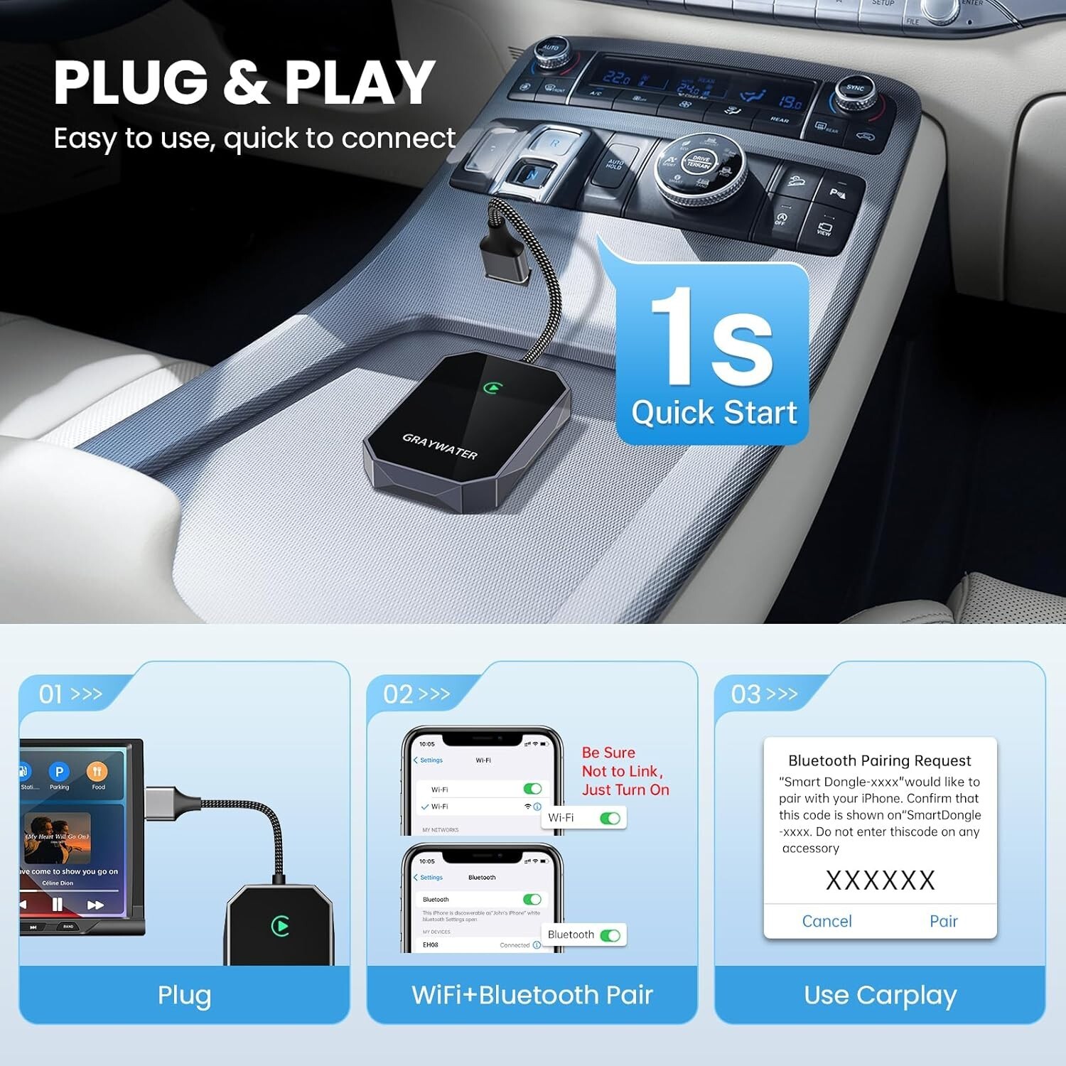 GRAYWATER Wireless CarPlay Adapter,Convert OEM Wired to Wireless Car Play Dongle