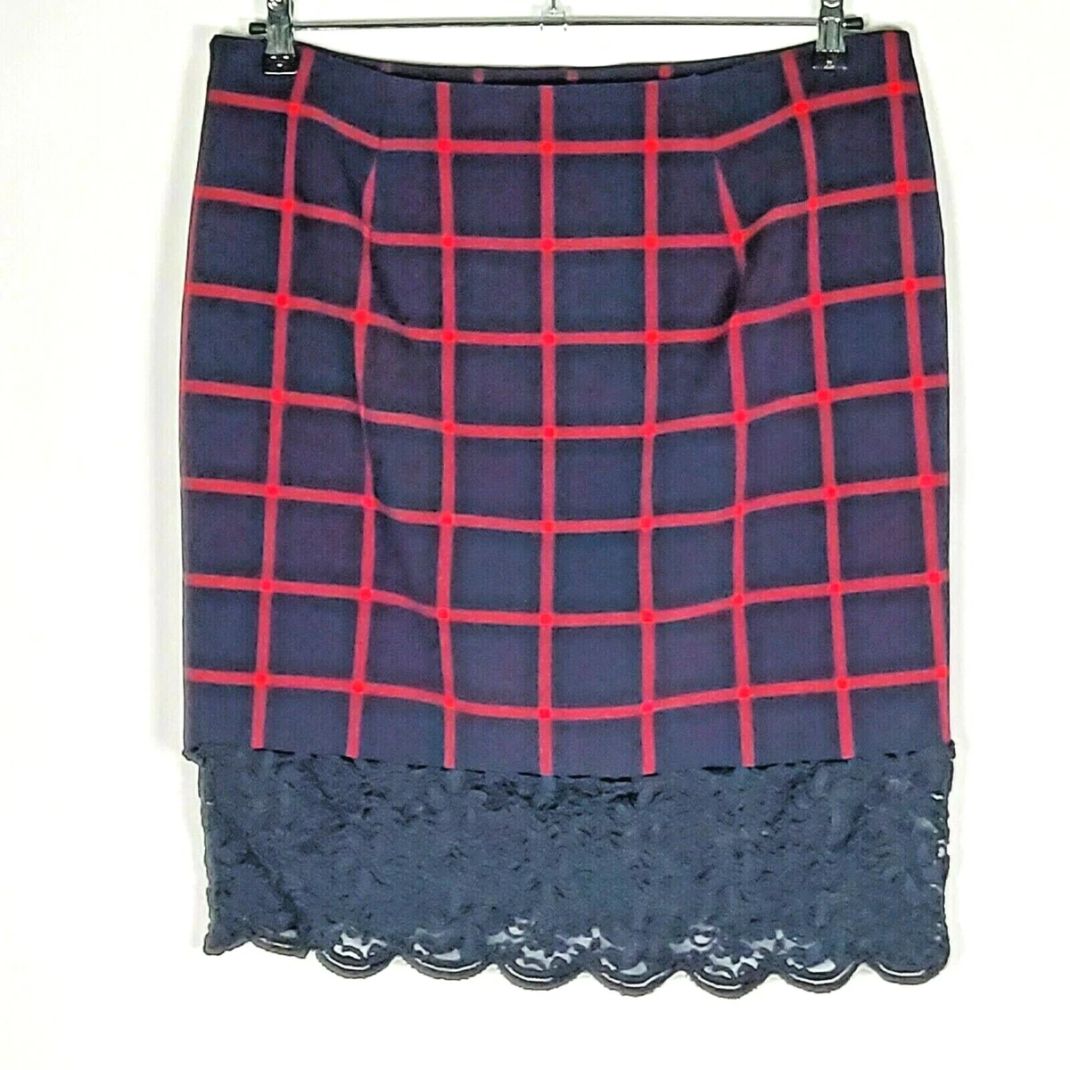 Michael Kors Sz 14 Plaid Pencil Skirt Crochet Hem Women Blue Red Career Office