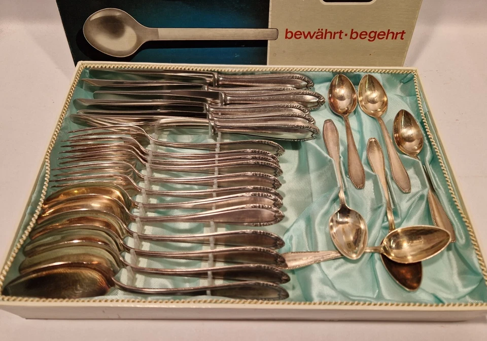 E6 30 Teile PFEIFFER BESTECKE 90er Silber Löffel Gabel Messer Set Besteckkasten - Bild 2 von 4