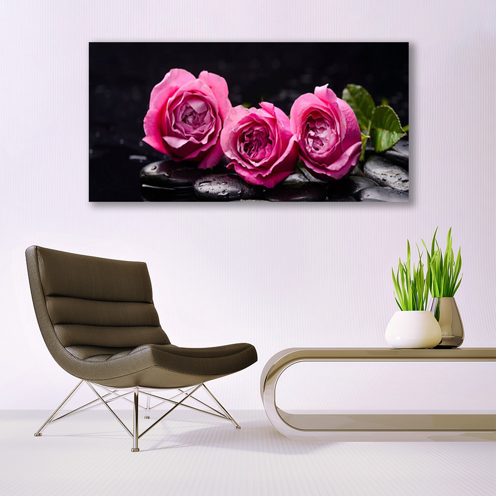 Impression sur toile fleurs roses 140x70 cm avec chassis en bois veritable