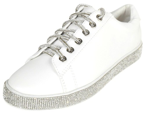La Sheelah Women Fashion Sneakers Crystals Rhinestone Blingy Lace Up SCOUT White