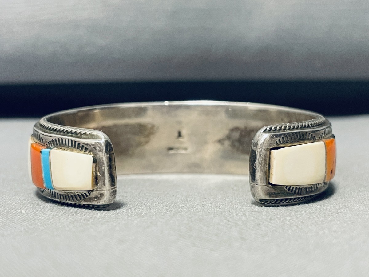 ONE OF MOST UNIQUE VINTAGE ZUNI TURQUOISE INLAY STERLING SILVER