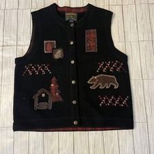 Woolrich Women s Embroidered Wool Vest Plaid Bear Fall Leaves Holiday