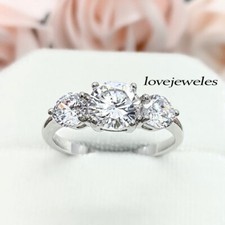 2CT Round Cut Real Moissanite 3-Stone Engagement Wedding Ring 14K White Gold FN