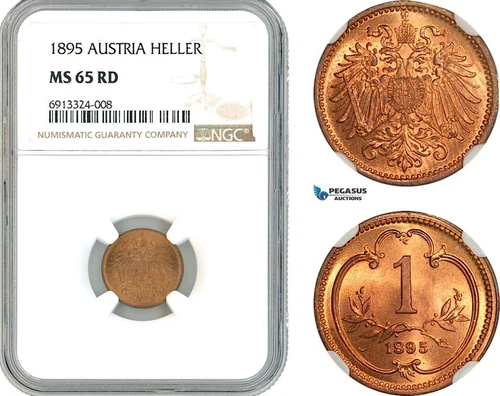 AK442, Austria, Franz Joseph, 1 Heller 1895, Vienna Mint, NGC MS65RD, Top Pop!