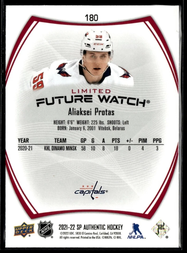 2021-22 Sp Authentic limited red Future watch Aliaksei Protas Rookie #180 H4R2I - Image 2 of 2