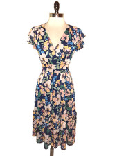 LONDON TIMES Size 8 A-Line Dress Blue Orange Pink Floral Cap Sleeve Knee Length