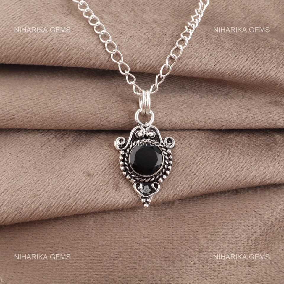 Redondo Negro Onix Piedra Raíz Chakra Gracias Da Día Nuevo Colgante Plata de Ley - Imagen 3 de 4
