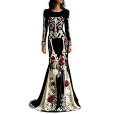 Gothic Skeleton Print Dress for Women, Long Sleeve, Halloween Costume Outfit