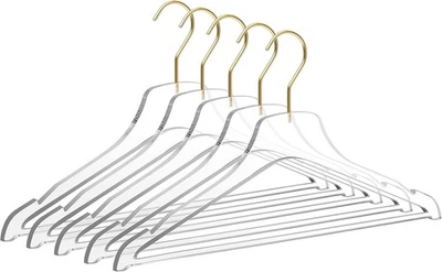 Acrylic Clear Lucite Hangers - 5-Pack with Bar Matte Gold Hooks - Hangers for...