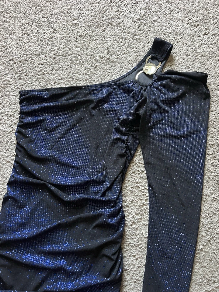 Vtg Y2K 2000s Deb Dress XL Blue Black Glitter Ruched One Shoulder Mini Bodycon - Image 3 of 4