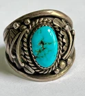 Vintage Navajo Sterling Silver Ring Leaf Turquoise Stone Men's Size 12.5 8.4g