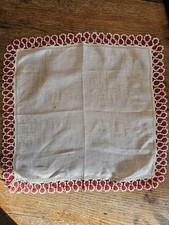 Vintage Linen Handkerchief W Hand-crocheted Border In Red And White, 13" 13"