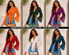 Women's Sheer Mesh Tie Front Crop Shrug Bolero Cardigan Long Beach Cover Up