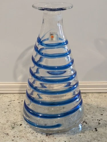 Vintage Blenko Spiral Threaded Glass Decanter 1960s MCM Blue No Stopper
