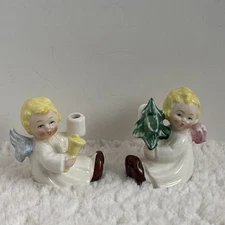 Vintage Goebel Hummel Angel Figurine Mini Taper Candle Holders w/ Christmas Tree