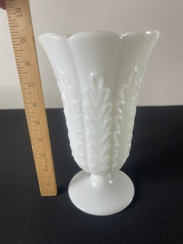 Westmoreland Milk Glass Pedestal Vase Scalloped Rim Floral Paneled Vintage