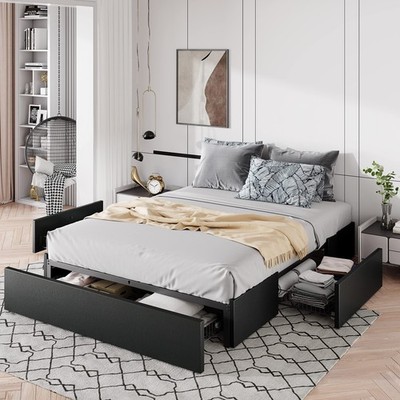 Queen Size Platform Bed Frame with 3 Storage Drawers, Faux Leather Upholstere...
