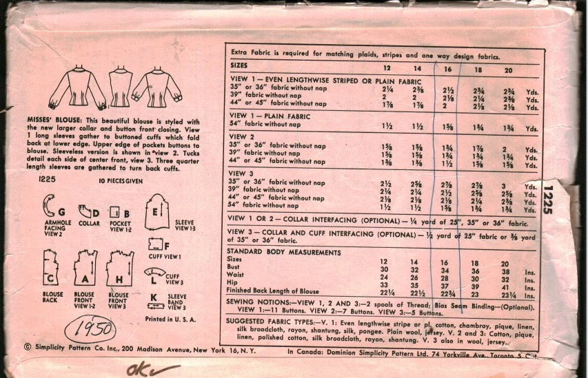 1225 Vintage Simplicity SEWING Pattern Misses 1950s Button Front Blouse Shirt 16 - Image 2 of 2