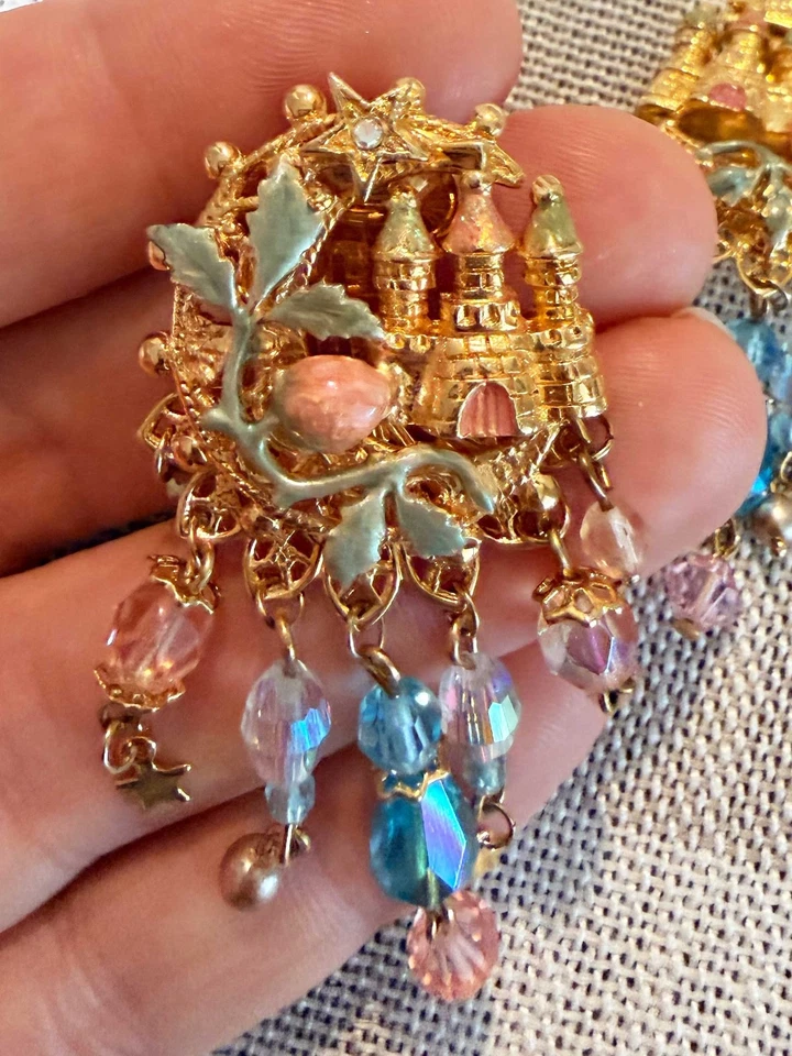 KIRKS FOLLY Moon Castle Stars DANGLE CLIP ON EARRINGS Blue Pink Beads GOLD TONE - Image 3 of 4
