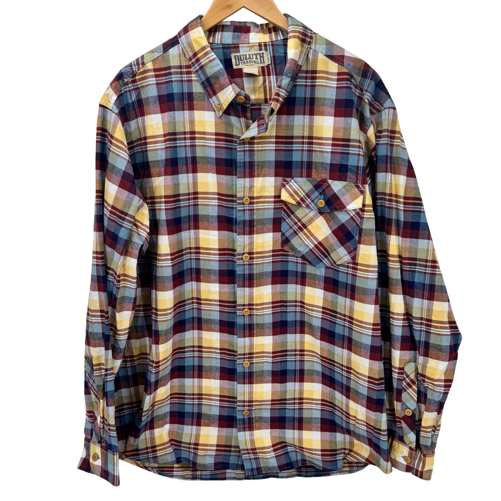 Duluth Trading Shirt Mens 3XL Flannel Button Down Trim Fit Blue Yellow Red Plaid