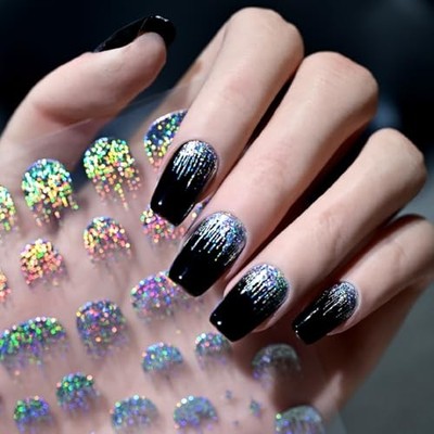 Rainbow Silver Glitter Drip Nail Stickers for Nail Art, Holographic Style-38