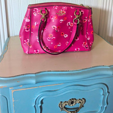 Coach Pink Floral Satchel Top Handle Zip Bag Gold Hardware Inner Pockets Lined