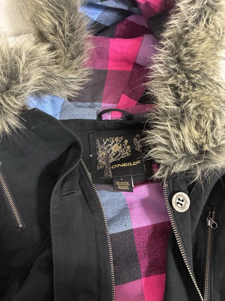 Nueva chaqueta parka forrada a cuadros con capucha de piel sintética negra L de O’Neill para mujer. 100% algodón Foto 3 de 4