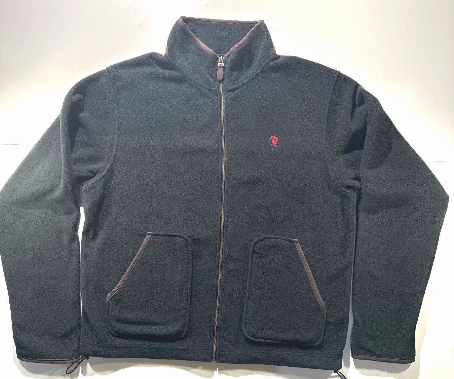 U.S. Polo Assn. XL Black Fleece Full-Zip Jacket With Brown Trim & Pockets