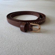 Brown Faux Leather Skinny Studded Belt Gold Horseshoe Buckle Slim Waist Belt
