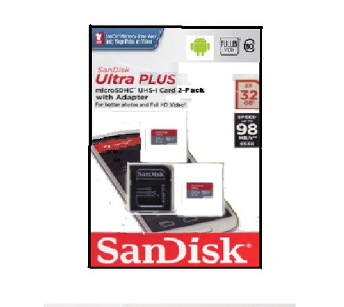 SanDisk® Ultra PLUS microSDHC UHS-I Cards With Adapter 32GB Pack Of 2 Cards 1501 - Picture 1 of 5