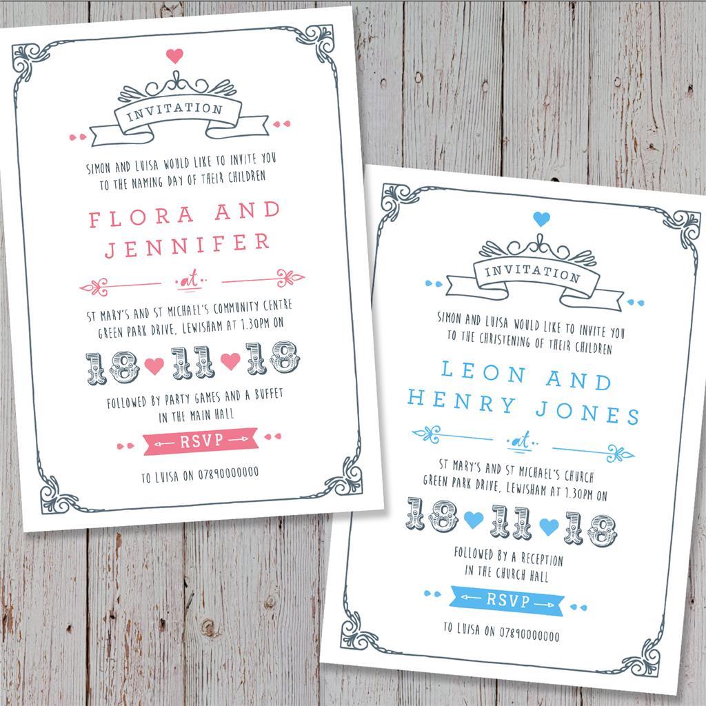 Personalised joint Christening Invitations Baptism Birthday invites boy girl - Main Image