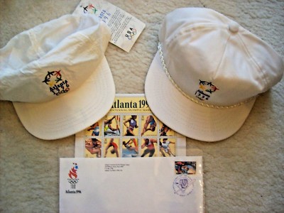 ATLANTA 1996 OLYMPIC GAMES. 2 BASEBALL CAPS, 20 UNUSED STAMPS, & FIRST DAY ISSUE