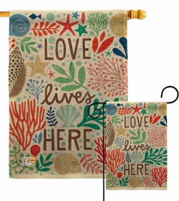 Love Lives Here Burlap Garden Flag Coastal Beach Decorative Gift Yard Banner