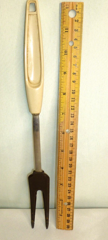 Vintage Beige Nylon Plastic Cooking Serving Fork 12" with Brown Nylon Tines tips