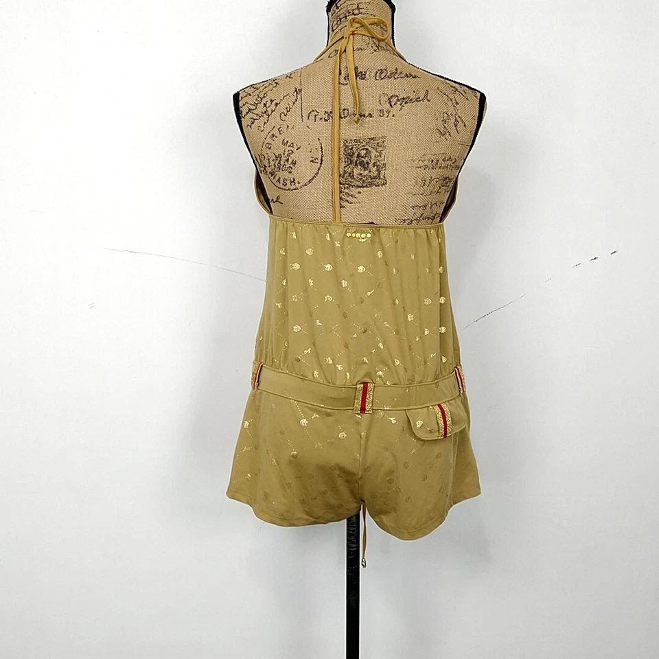 Coogi Womens sz XL Romper Gold Halter Tie V Neck Open Back Cinch Waist Y2K - Image 2 of 4
