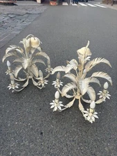 2x Vintage Italian Palm Tree Leaf Toleware Hanging Chandelier Pendant